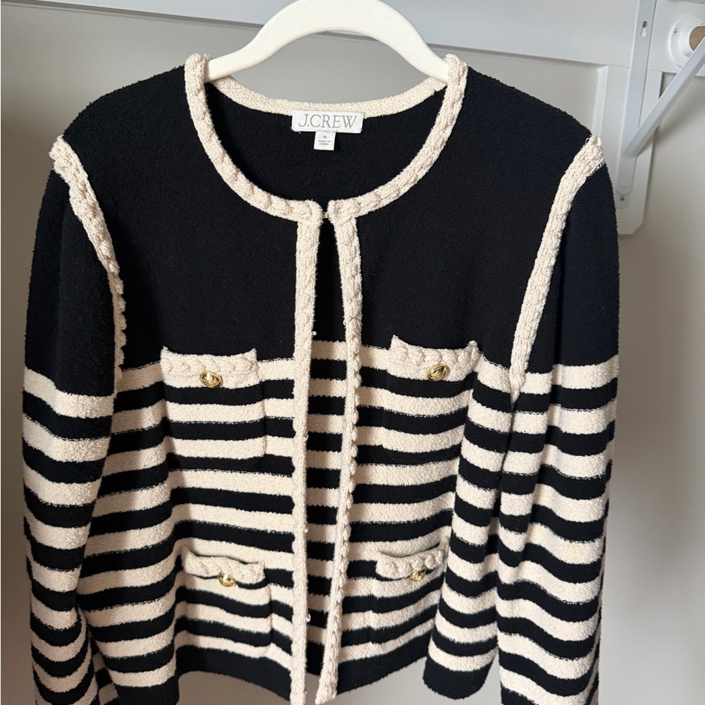 J.Crew Black & Cream Striped Knit Cardigan Sweater — Medium - Picture 3 of 5